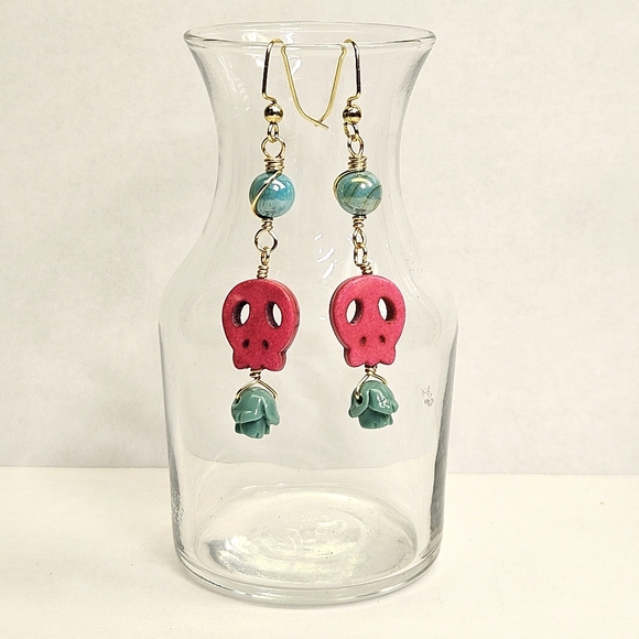Beaded Pink and Turquoise Skull Earrings - Picture 2 of 6